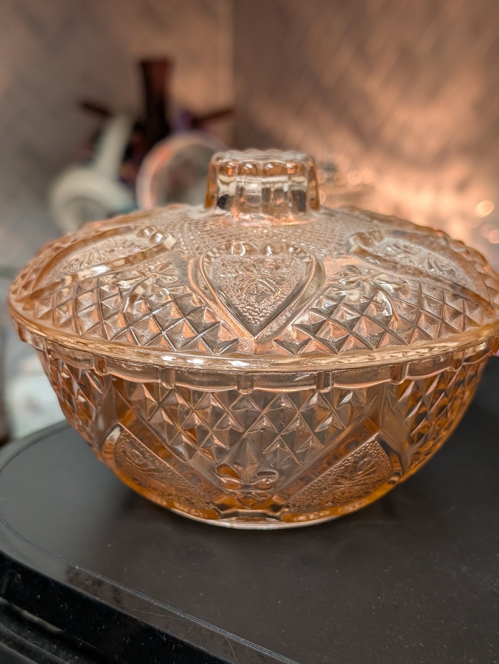 Vintage Depression Glass Candy Dish Or Fairy Lamp- Peachy Pink